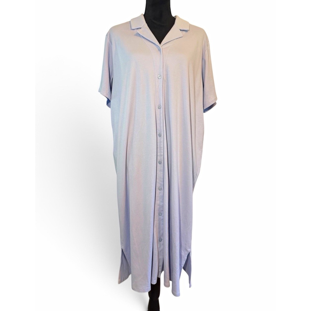 Eileen Fisher Blue Orangic Cotton Collared Button Front Maxi Nightgown Size L